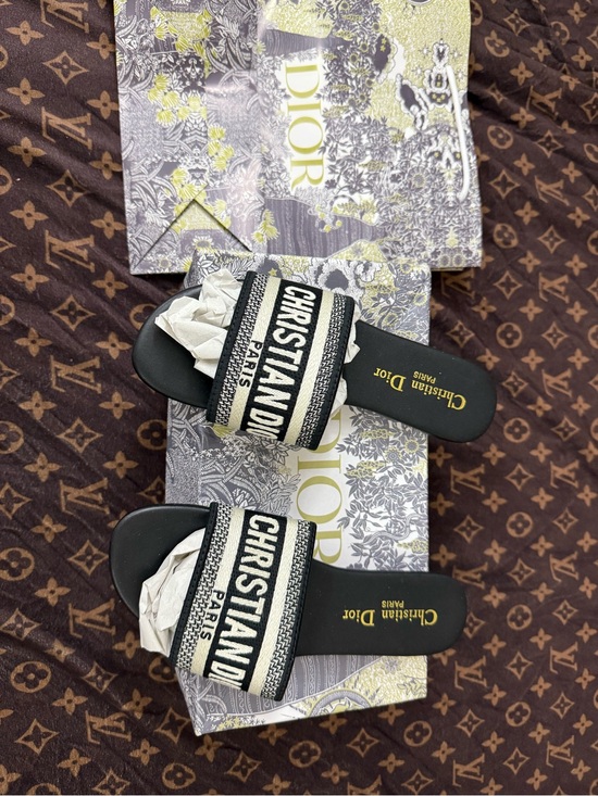 Dior Shoes - Dior Black and Cream Christian Dior Embroidered Slide Sandals